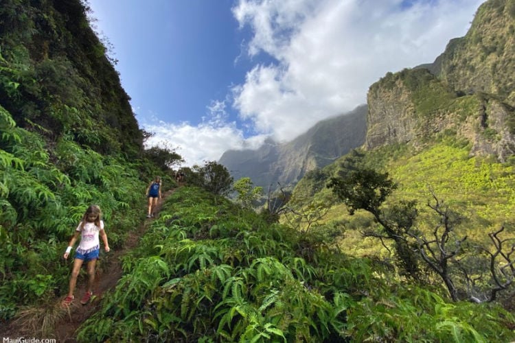 Two girls walking along a trail surrounded by greenery.