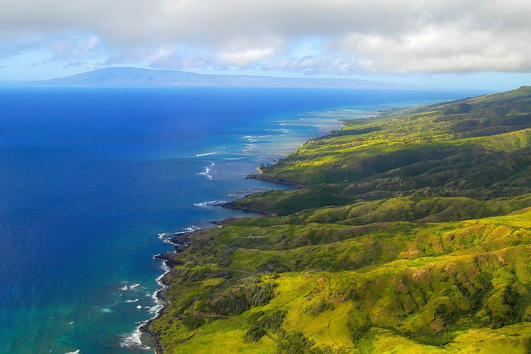 Aerial view of Maui coastline and ocean.