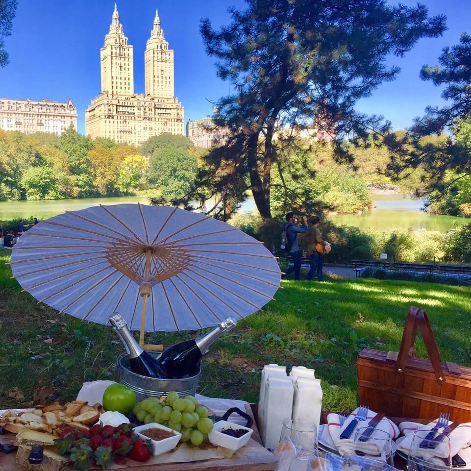 Picnic set up in Central Park - picnic basket with champagne, glasses, grapes, strawberries, bread and cheese.