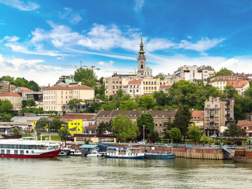 Belgrade cityscape from the Sava river in Serbia in a beautiful summer day