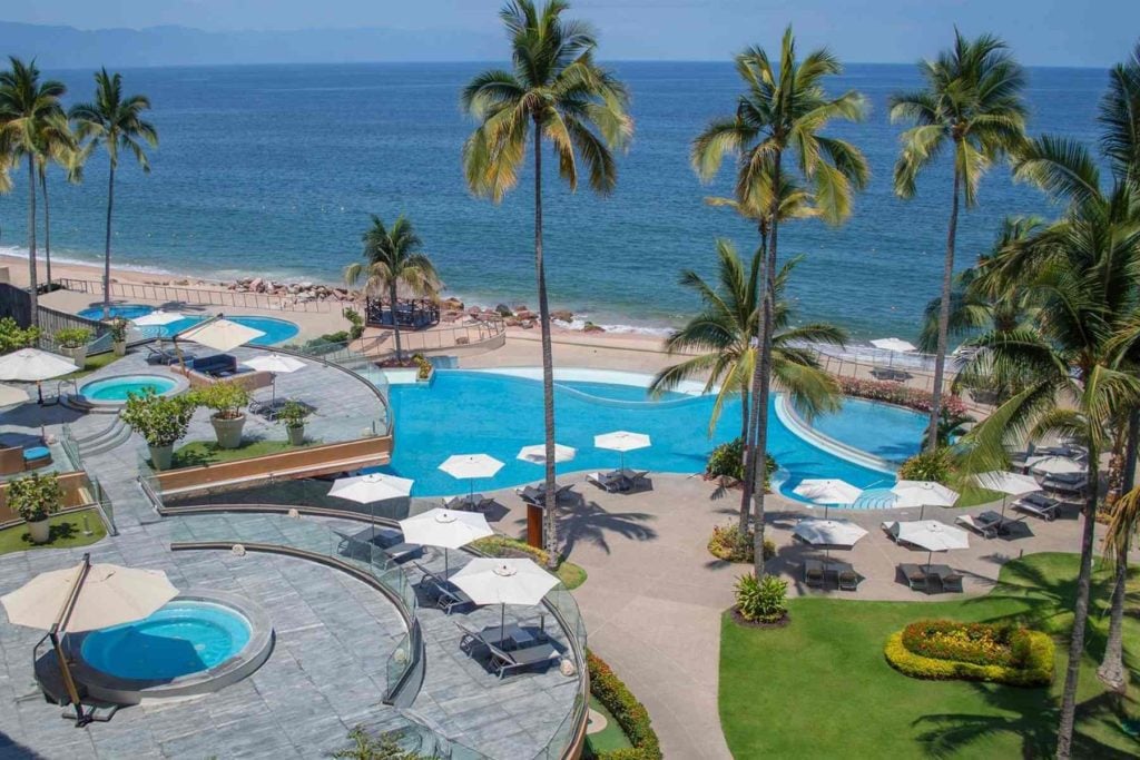 Overhead view of the Sunset Plaza beach resort in Puerto Vallarta.