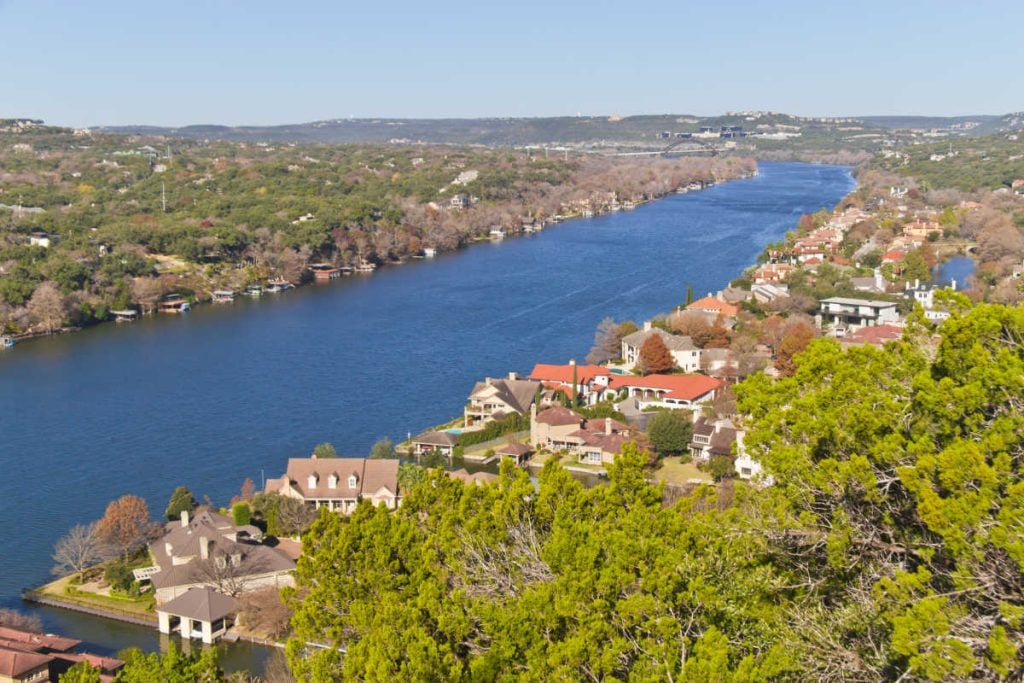 View of Colorado River Mount Bonnell Austin with teens